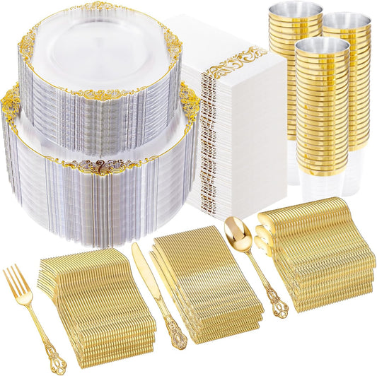 YOUBET 700PCS Clear Gold Plastic Plates - Elegant Gold Plastic Dinnerware Set Include 200 Disposable Plates, 300 Heavy Duty Silverware, 100 Cups, 100 Napkins for Wedding Party & Thanksgiving