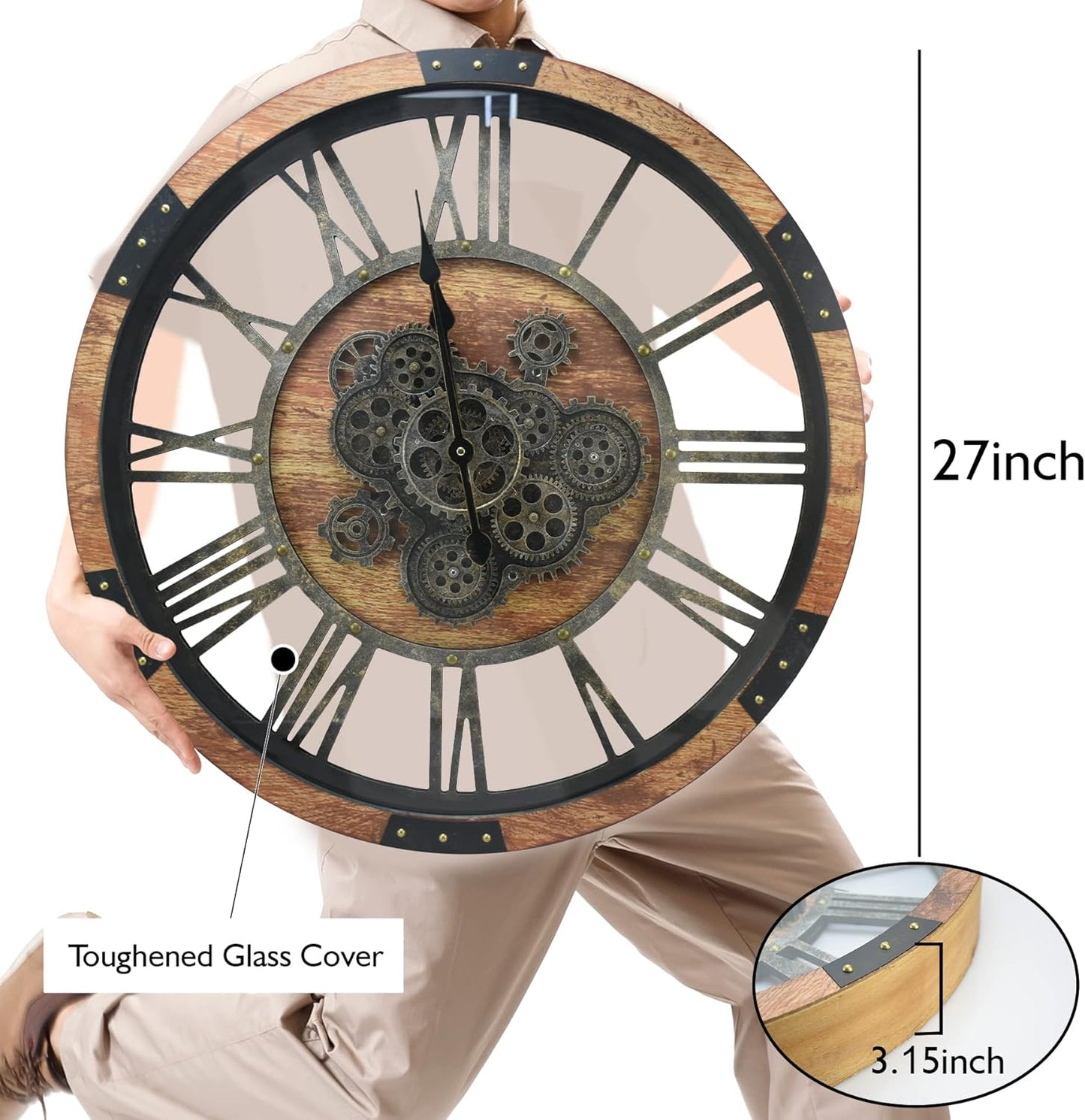 27 inch Large Real Moving Gears Wall Clock with Toughened Glass Cover, Oversized Vintage Solid Wood Farmhouse Clock, Giant Decorative Rustic Wall Clock for Living Room Home Kitchen Office (Brown)