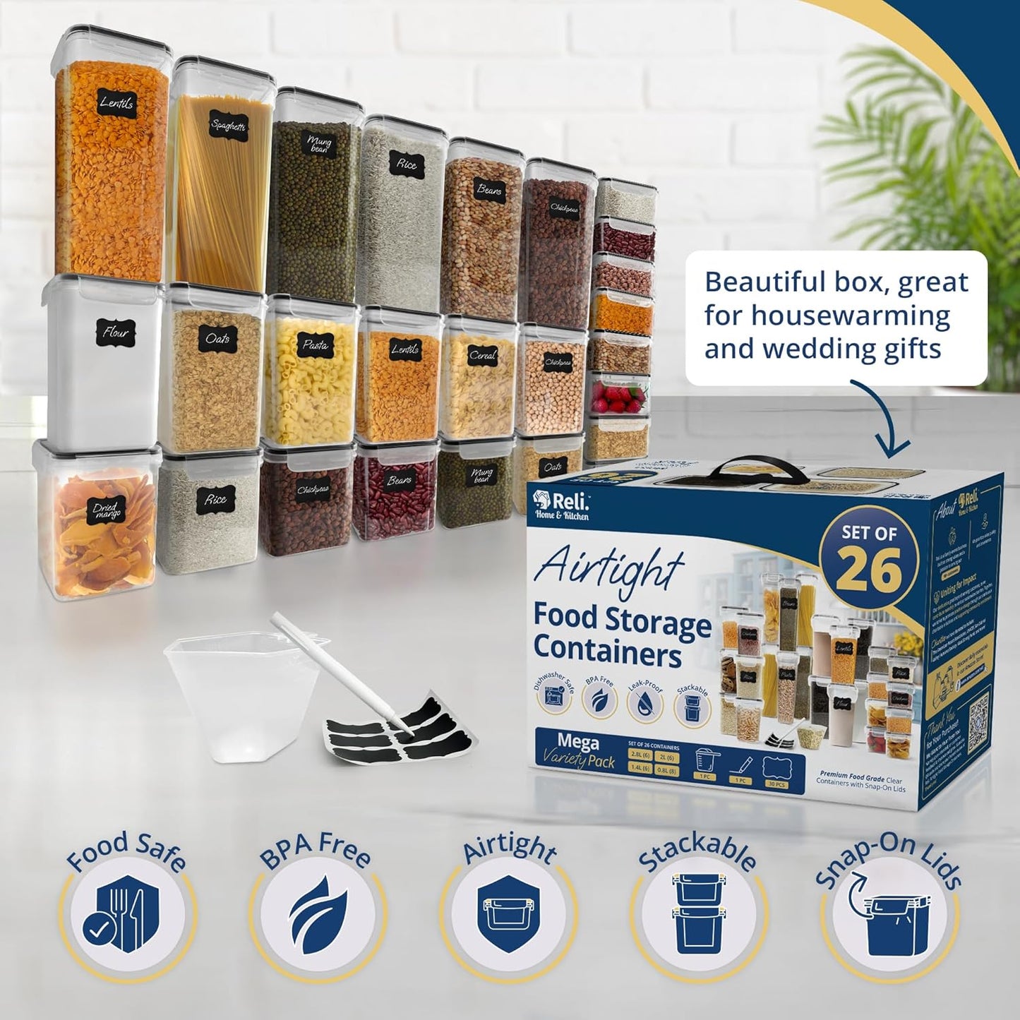 Reli. Airtight Food Storage Containers with Lids (26 Sets) | Kitchen Organizers and Storage Pantry Organizers | BPA Free Plastic Food Containers | Mega Variety Pack w/Measuring Cup, 30 Labels, Pen