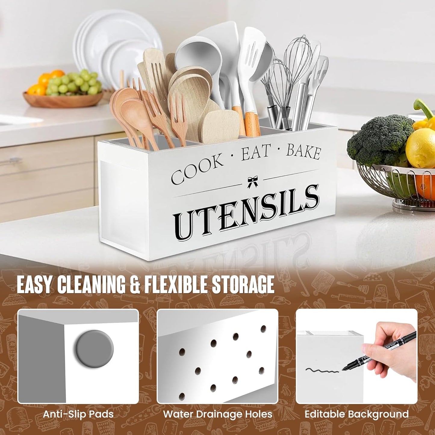 Extra Large Kitchen Utensil Holder with 4 Compartments, Wooden Countertop Organizer, Rustic Black Farmhouse Decor for Cooking Tools, Spoons, Spatulas, Knives & Forks - White Grain