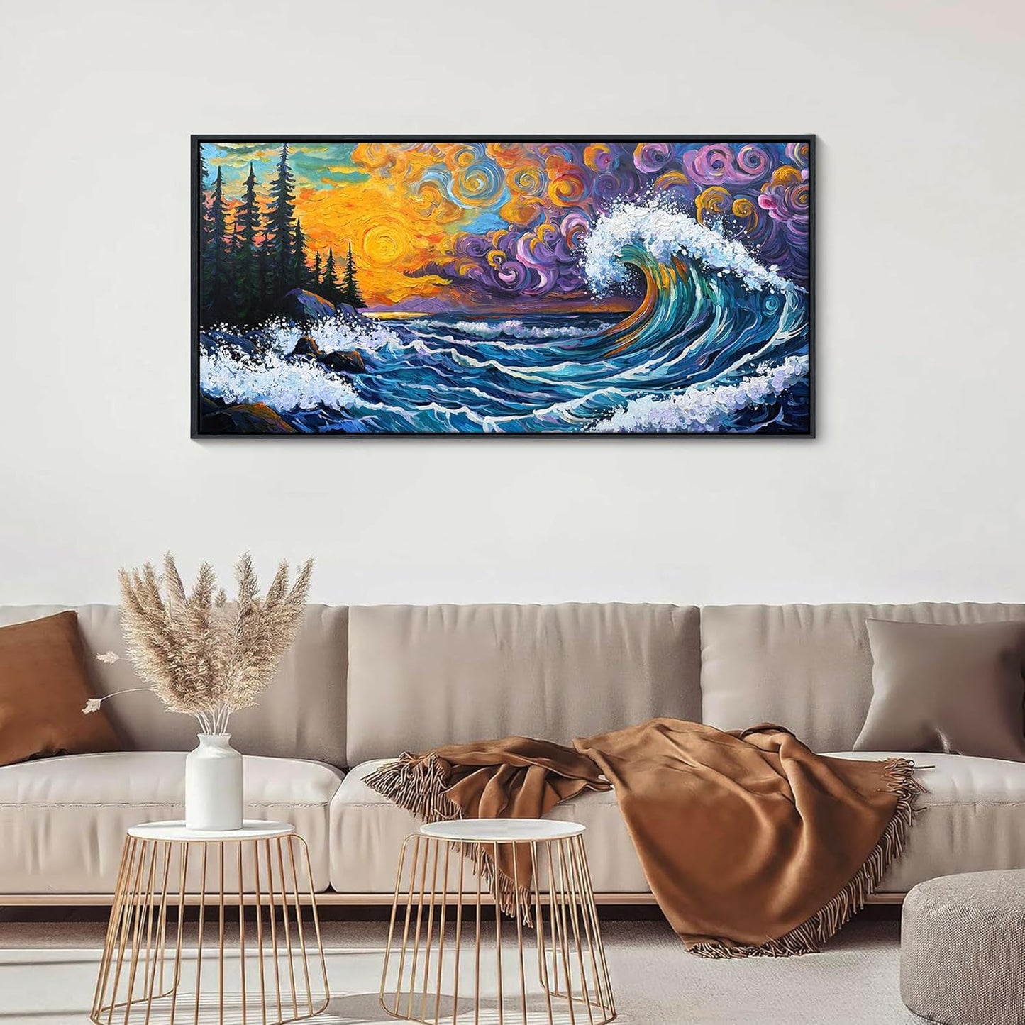 CHATYOUNG Vintage Framed Wall Art, Abstract Beach Waves Sunrise Landscape Van Gogh Style Canvas Paintings Modern Pictures Print Artwork for Living Room Bedroom Kitchen Office Home Wall Decor 20"X40"