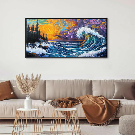 CHATYOUNG Vintage Framed Wall Art, Abstract Beach Waves Sunrise Landscape Van Gogh Style Canvas Paintings Modern Pictures Print Artwork for Living Room Bedroom Kitchen Office Home Wall Decor 20"X40"