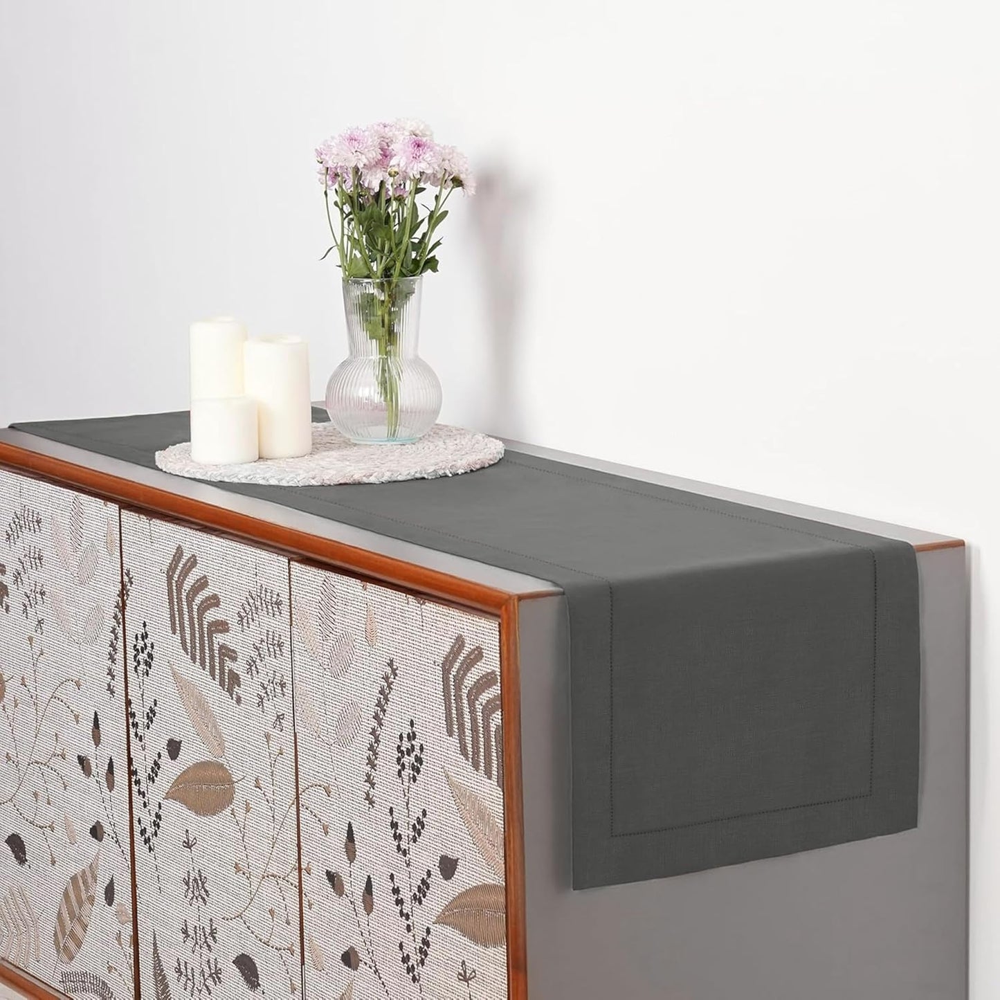 D'Moksha Homes Linen Charcoal Grey Table Runner 144 Inches Long - 100% Pure Linen Extra Long Table Runner 14 x 144 Inch for Fall, Autumn and Halloween - Classic Hemstitch