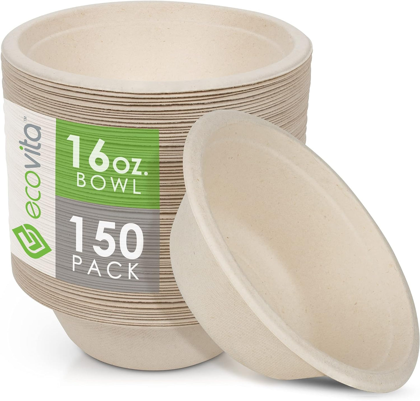 Ecovita 100% Compostable Paper Bowls [16 oz.] – 150 Disposable Bowls Eco Friendly Sturdy Tree Free Liquid and Heat Resistant Alternative to Plastic or Paper Bowls