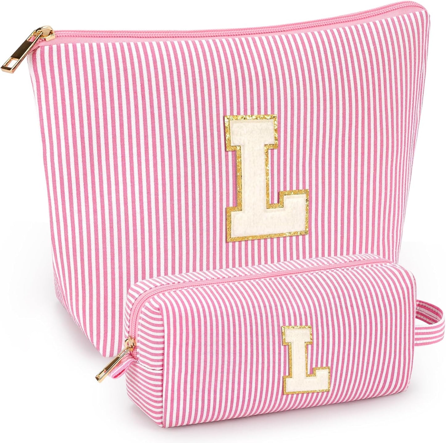 2 PCS Initial Makeup Bags for Women: Cosmetic Bag for Travel Toiletry - Birthday Gifts for 11 12 13 14 15 16 17 18 Years Old Girl Graduation Teacher Gift- Teen Girl Gifts Trendy Stuff - Pink L