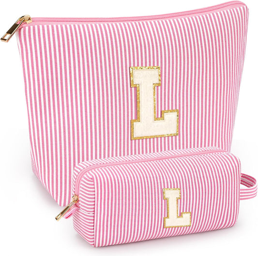 2 PCS Initial Makeup Bags for Women: Cosmetic Bag for Travel Toiletry - Birthday Gifts for 11 12 13 14 15 16 17 18 Years Old Girl Graduation Teacher Gift- Teen Girl Gifts Trendy Stuff - Pink L