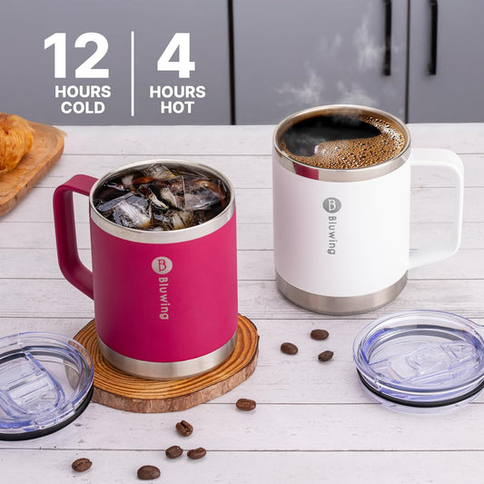 Insulated Coffee Mug with Lid, 12 oz Travel Coffee mug with handle Double Wall Stainless Steel Travel Tumbler Cup, Spill Proof (Fuchsia Red)