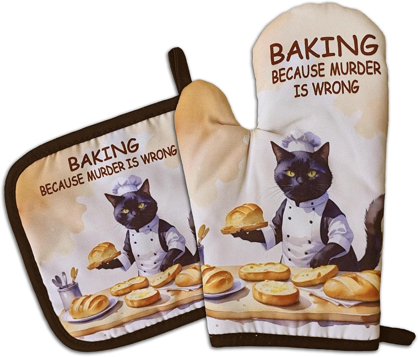 Funny Baking Cat Oven Mitts and Pot Holders（Set of 2） Baking Because Murder is Wrong Baker Mitts for Kitchen Decor Silicone Non-Slip Oven Mitts Cat Lover Gift Birthday Gift for Friend Chef