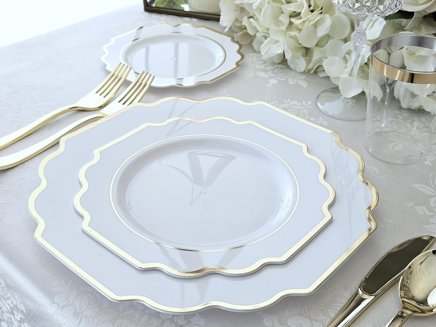 " OCCASIONS " 80 Plates Pack,(40 Guests) Heavyweight Wedding Party Disposable Plastic Plates Set -40 x 10.5'' Dinner + 40 x 8'' Salad/Dessert Plate (Imperial White & Gold)