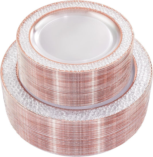 102PCS Rose Gold Plastic Plates - Clear Rose Gold Disposable Plates Include 51PCS 7.5inch Dessert Plate 51PCS 10.25inch Dinner Plate Perfect for Weddings Parties