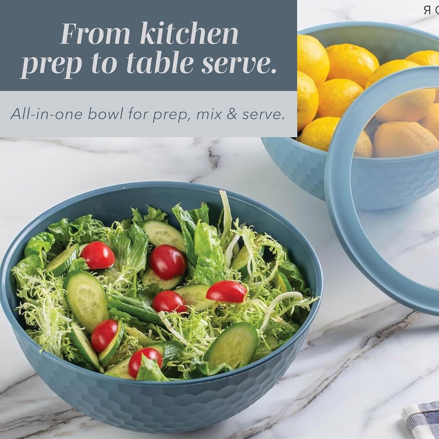 COOK WITH COLOR Mixing Bowls with Lids - 12 Piece Plastic Nesting Bowls Set includes 6 Prep Bowls and 6 Lids, Non Slip Bottom and Embossed Design - Microwave Safe (Blue)