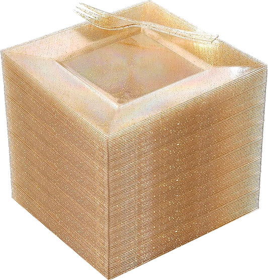DaYammi 200Pcs Gold Dessert Plates Including 100Pcs Appetizer Plates 6",100Pcs Plastic Forks 5.7",Gold Glitter Plastic Square Plate for Party,Gold Salad Plate and Cake Forks for Wedding Birthday