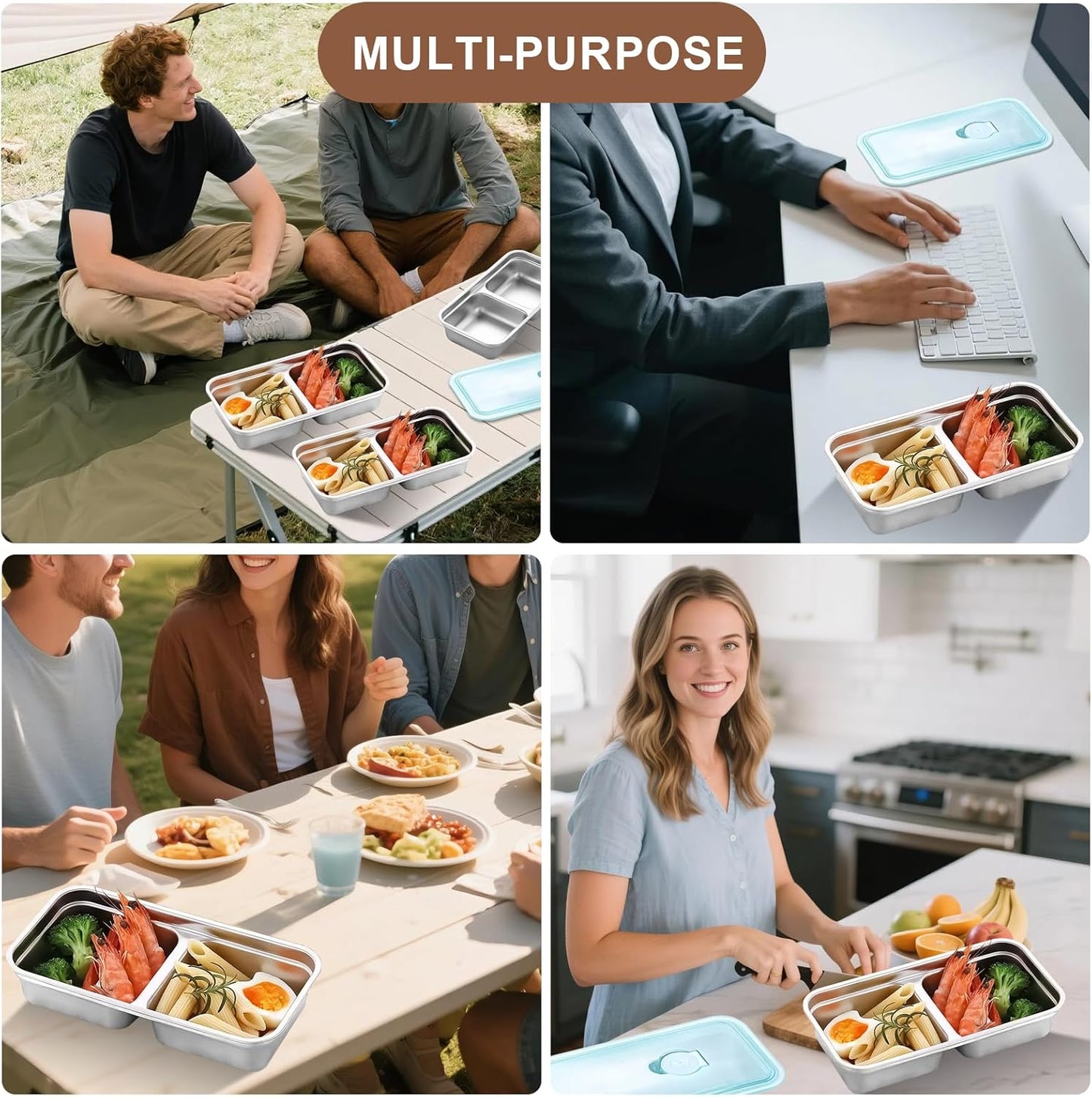 4Pcs Grab and Go Snack Containers Reusable, Stainless Steel Double Compartment Snack Containers, Dishwasher-Reusable Condiment Containers with Lids, Travel & Outdoor Camping Food Storage