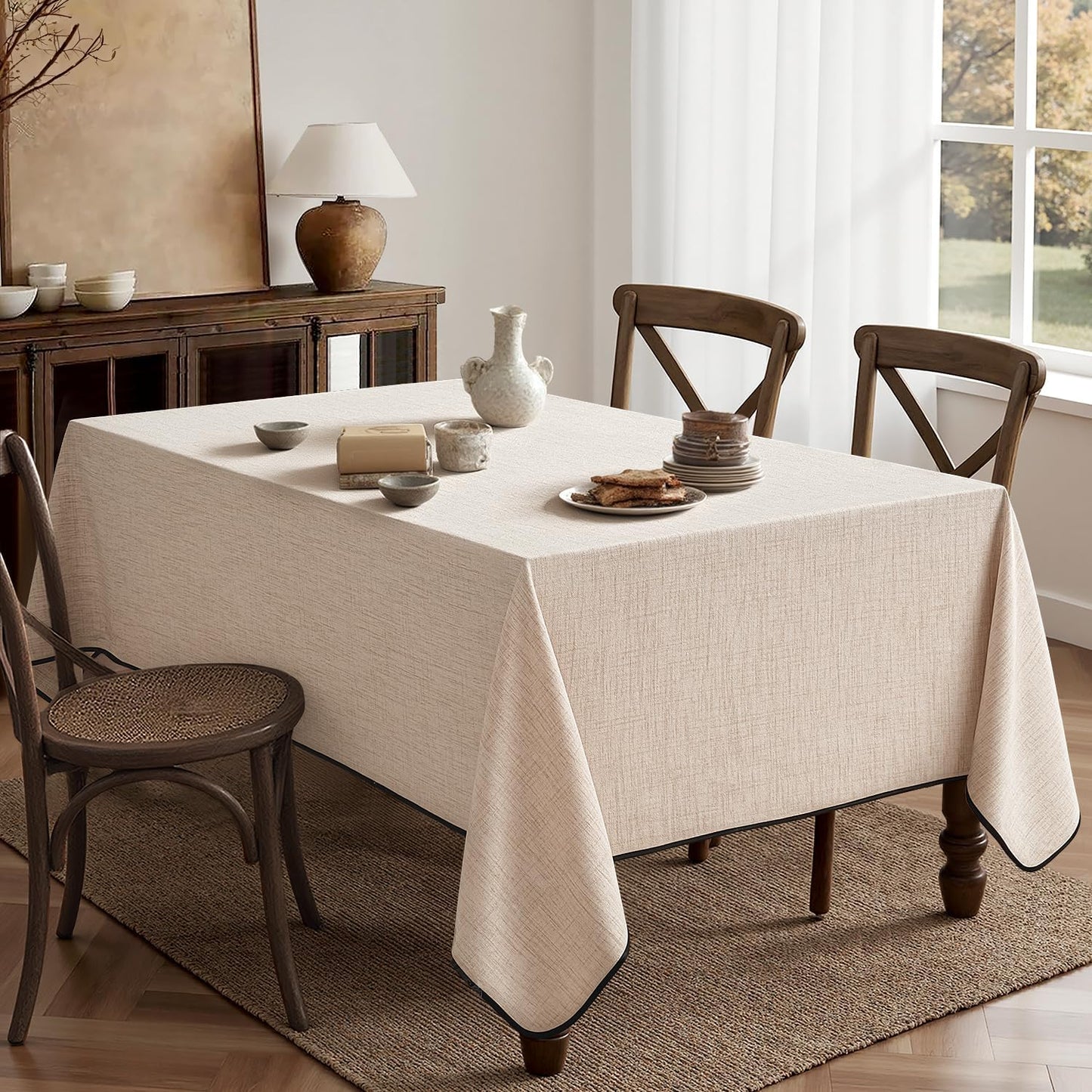 MIULEE Natural-Black Linen Tablecloth 60x84 Inch Rectangle Table Cloth Waterproof,Stain Resistant & Wrinkle Resistant for Dining Party Wedding