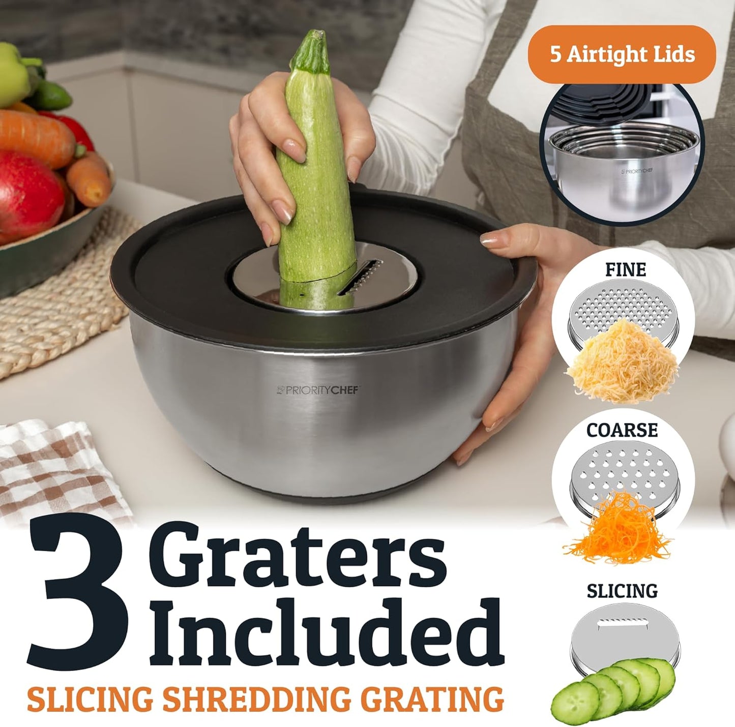 Priority Chef Stainless Steel Mixing Bowls with Lids Set, Metal Nesting Bowls with Airtight Lids, Graters, Non-Slip Base & Measurement Marks, Includes Utensil Set for Prep, Baking & Storage, Black
