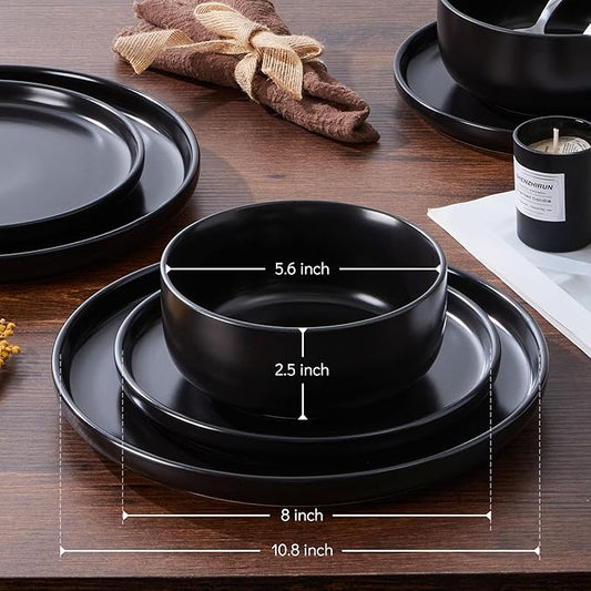 E-far Stoneware Dinnerware Sets for 8, 24-Piece Plates and Bowls Set, Modern Ceramic Dishes Dinning Ware, Microwave & Dishwasher Safe - Matte Black