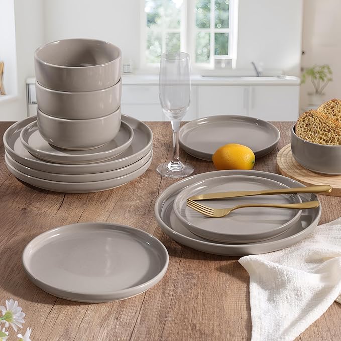 HaWare Stoneware Dinnerware Sets, 12-Piece Plates and Bowls Set for 4, Dishes Set for Home Restaurant, Speckled Cream Coffee