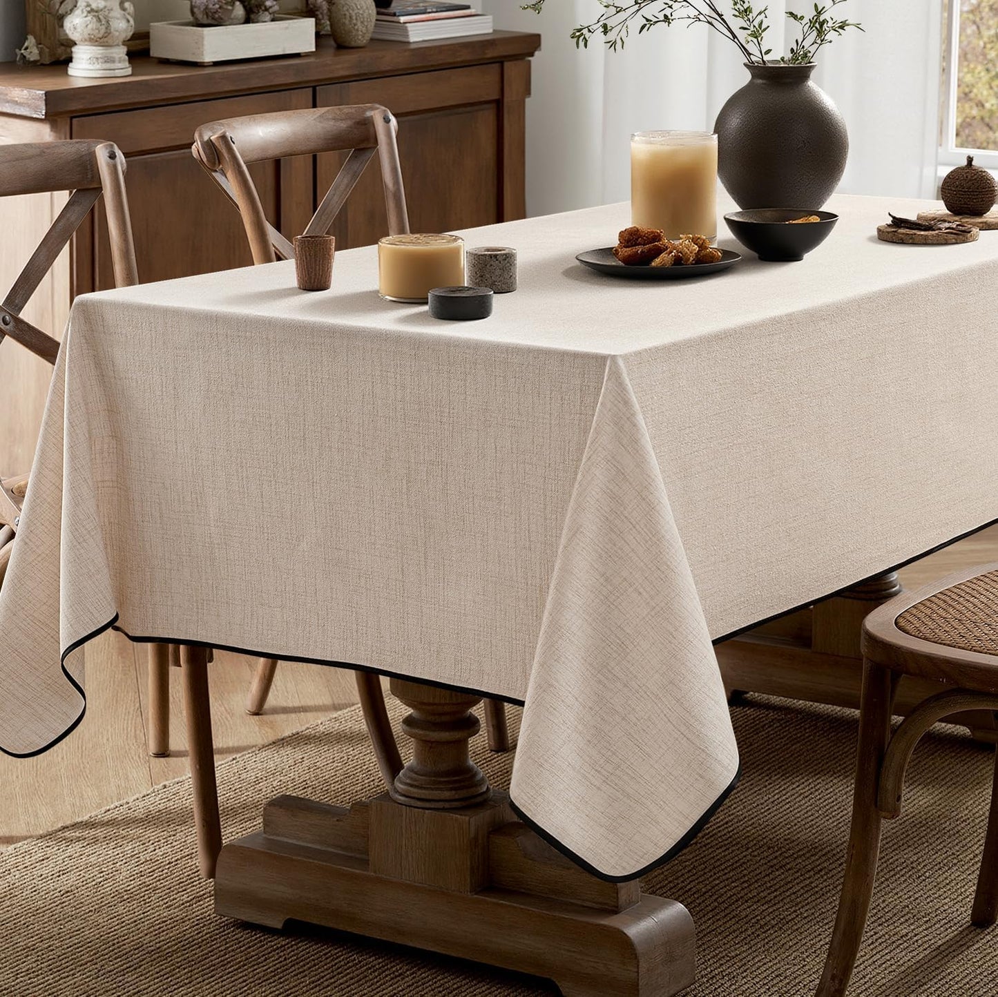 MIULEE Natural-Black Linen Tablecloth 60x84 Inch Rectangle Table Cloth Waterproof,Stain Resistant & Wrinkle Resistant for Dining Party Wedding