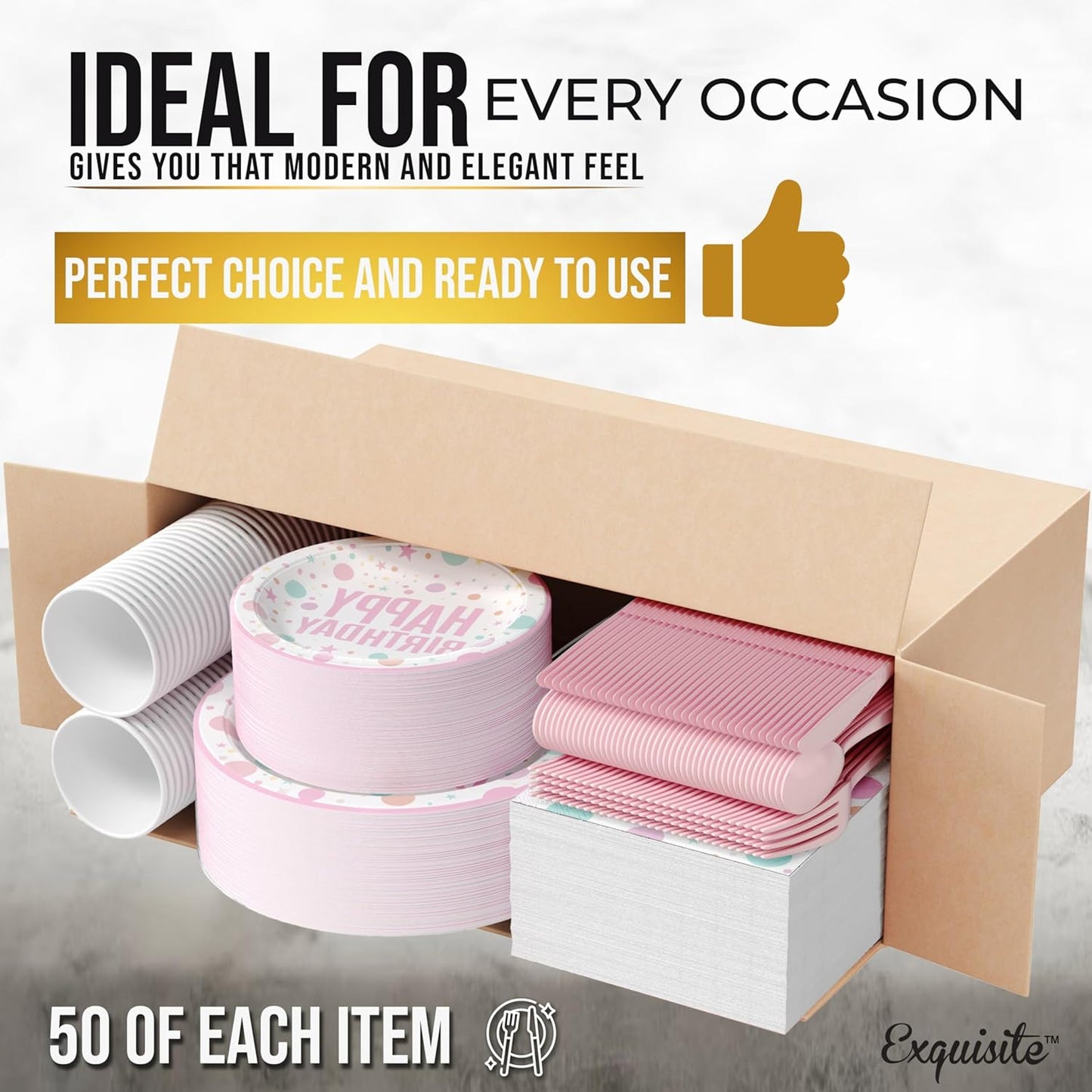 Exquisite 350 Pieces Happy Birthday Plates and Napkins Set, Paper Plates for Party Supplies, 50 Of Each 9" Dinner, 7" Dessert, Cups, Napkins & Cutlery Plastic Dinnerware Set Blue Birthday Decorations