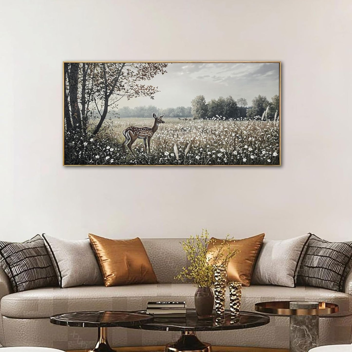 yiijeah Farmhouse Wall Decor - Large Canvas Wall Art Artwork Deer Landscape Vintage Floral Rustic Print Neutral Picture Artwork for Home Living Room Bedroom Office Decoration