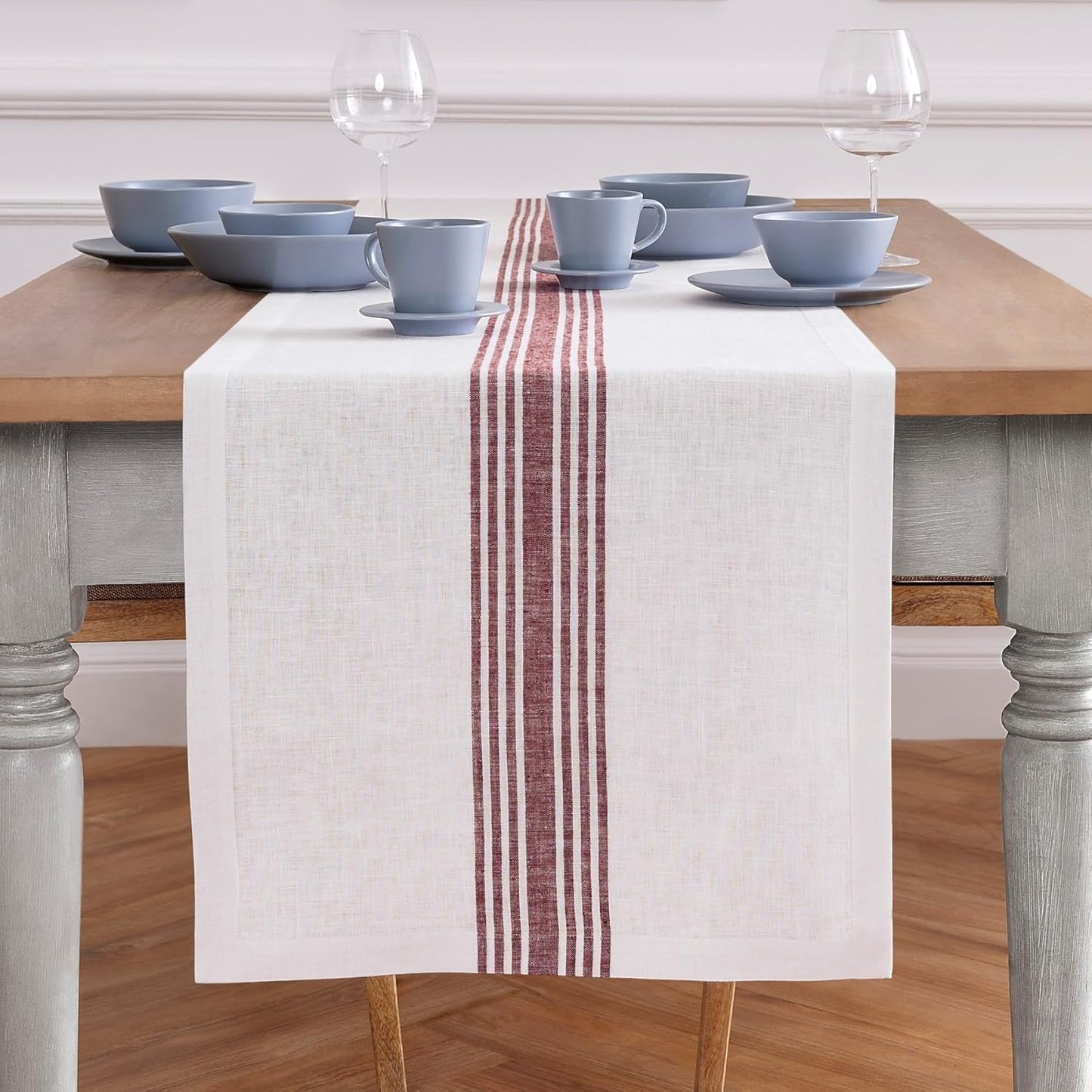 Solino Home Linen Striped Table Runner 120 Inches Long - Farmhouse 100% Pure Linen Burgundy and White Dining Table Runner 18 x 120 Inch for Fall, Autumn, Thanksgiving, Christmas