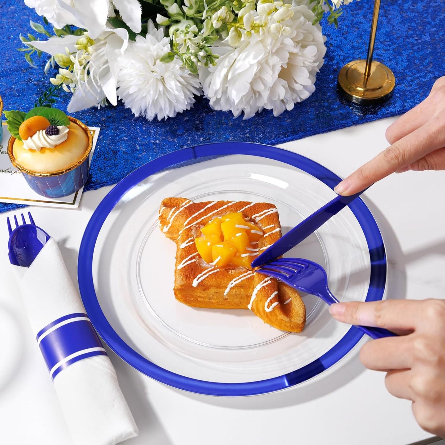 Liacere 350PCS Blue Plastic Plates - Clear with Blue Trim for 50Guests Dinnerware Include 100 Clear Plates disposable 150 Silverware 50Napkins for Wedding＆Back to School＆Labor Day