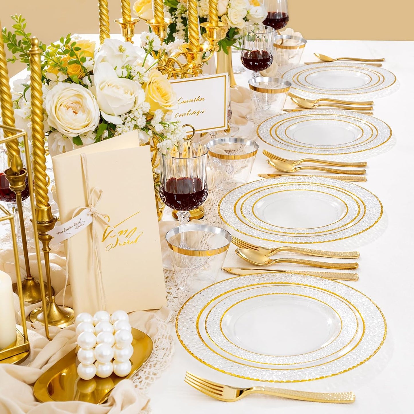 Ciaell 150PCS Clear Gold Plastic Plates - Disposable Gold Rim Plates include 25Dinner Plate, 25Dessert Plate, 25Forks, 25Knives, 25Spoons, 25Cups for Wedding & Party & Thanksgiving