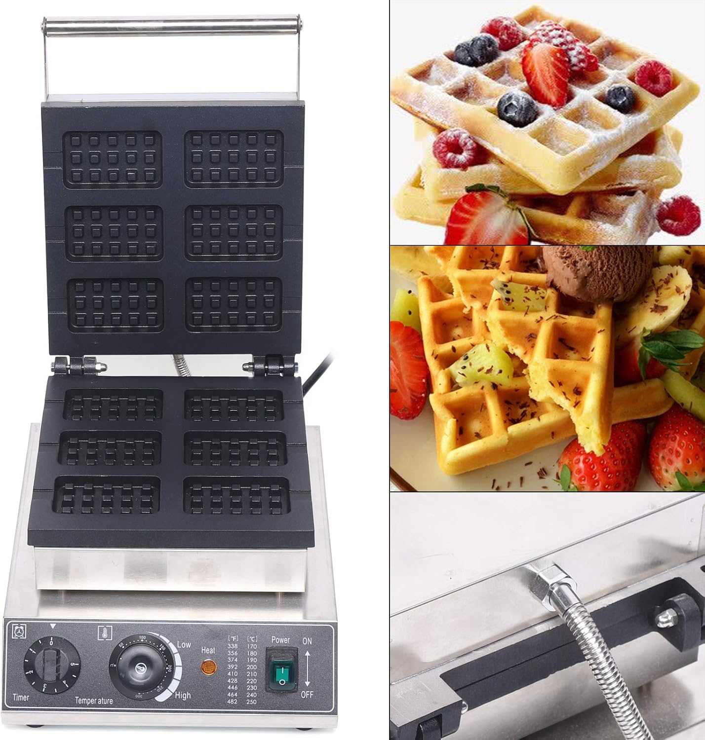 1750W Commercial Waffle Maker, 6 Grids Electric Square Waffle Maker Non-Stick Stainless Steel Belgian Waffle Iron w/Time & Temper Adjustable| Temper Comparison Table, Large Waffle Machine Restaurant