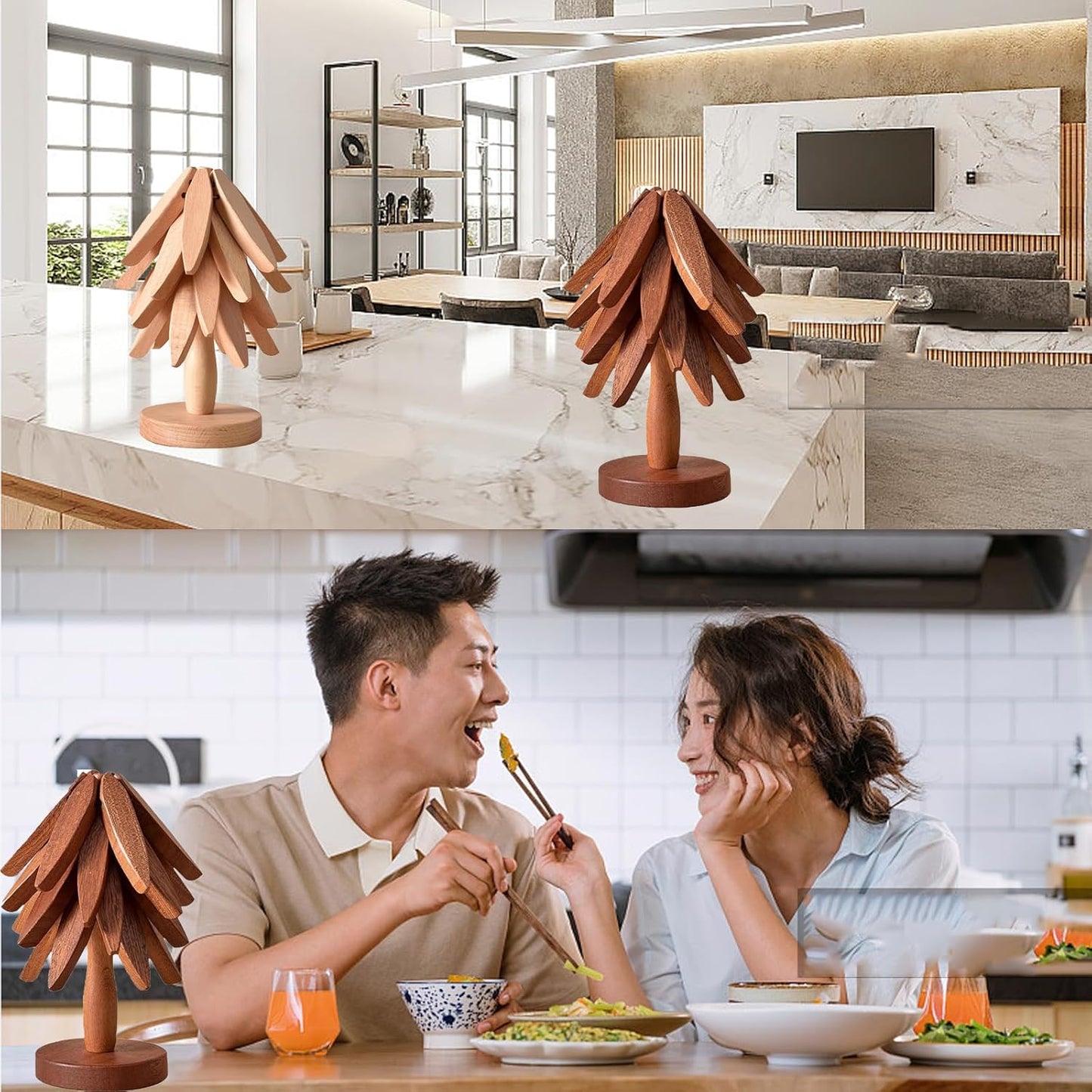 Wooden Tree Coasters with Holder,4 Wooden Trivets+1 Stand stored+1 Kitchen Cleaning Sponges+1 Oven Gloves Silicone Heat for Hot Dishes Decorative Christmas Tree Shape (Walnut Color-4 Layers)