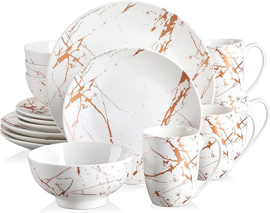 LOVECASA White Dinnerware Sets for 4, 16 Piece Porcelain Dish Set Plates and Bowls Sets, Gold Splash Glaze Ceramic Dinner Set with Mugs, Dishwasher Microwave Safe