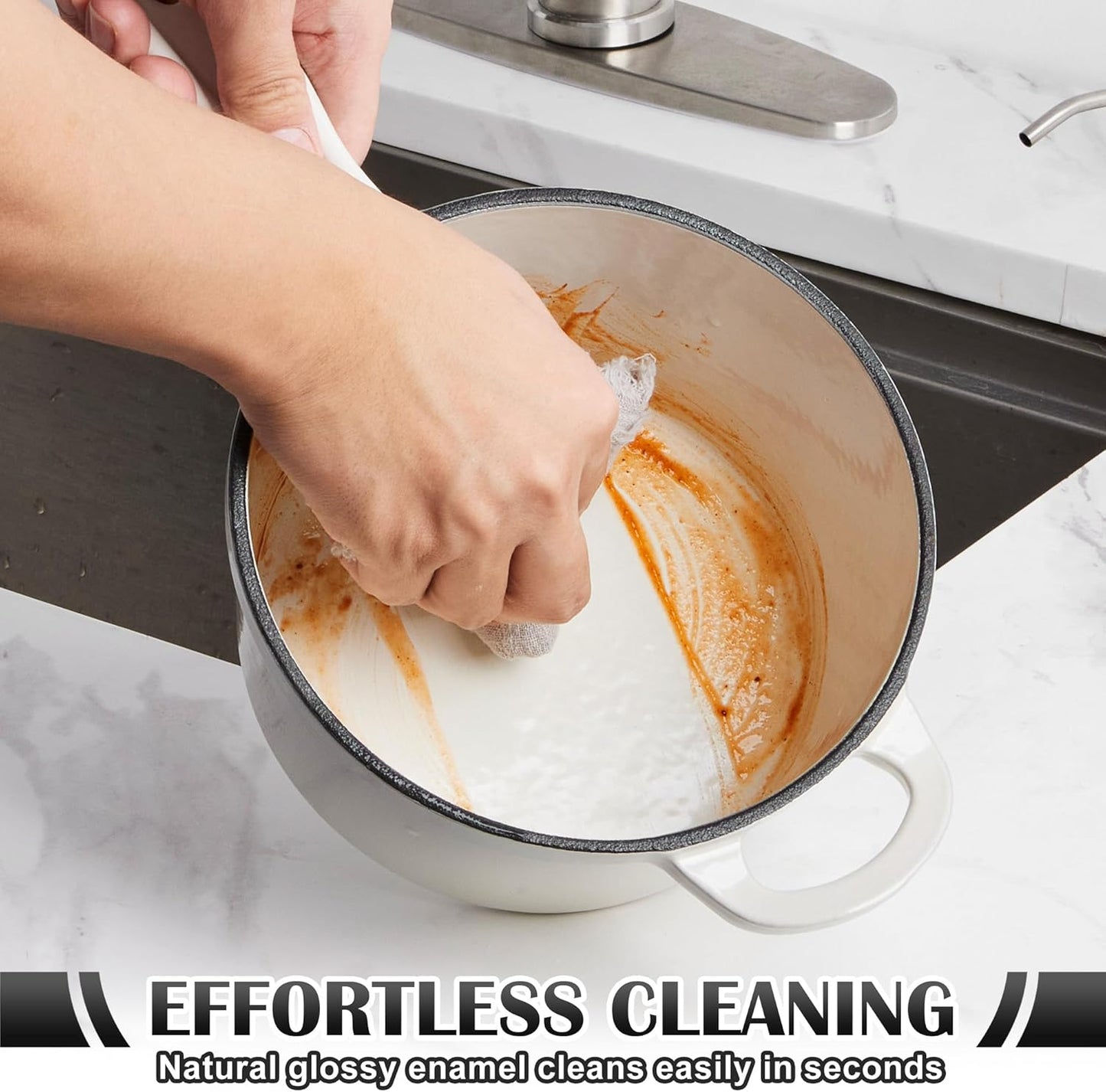 E-far Sauce Pan Set with Lid, 1Qt & 2Qt Enameled Cast Iron Pot Sets for Kitchen Cooking, Small Heavy Duty Dutch Oven Saucepans & Self-basting Lids, Induction-Ready & Easy Clean, White