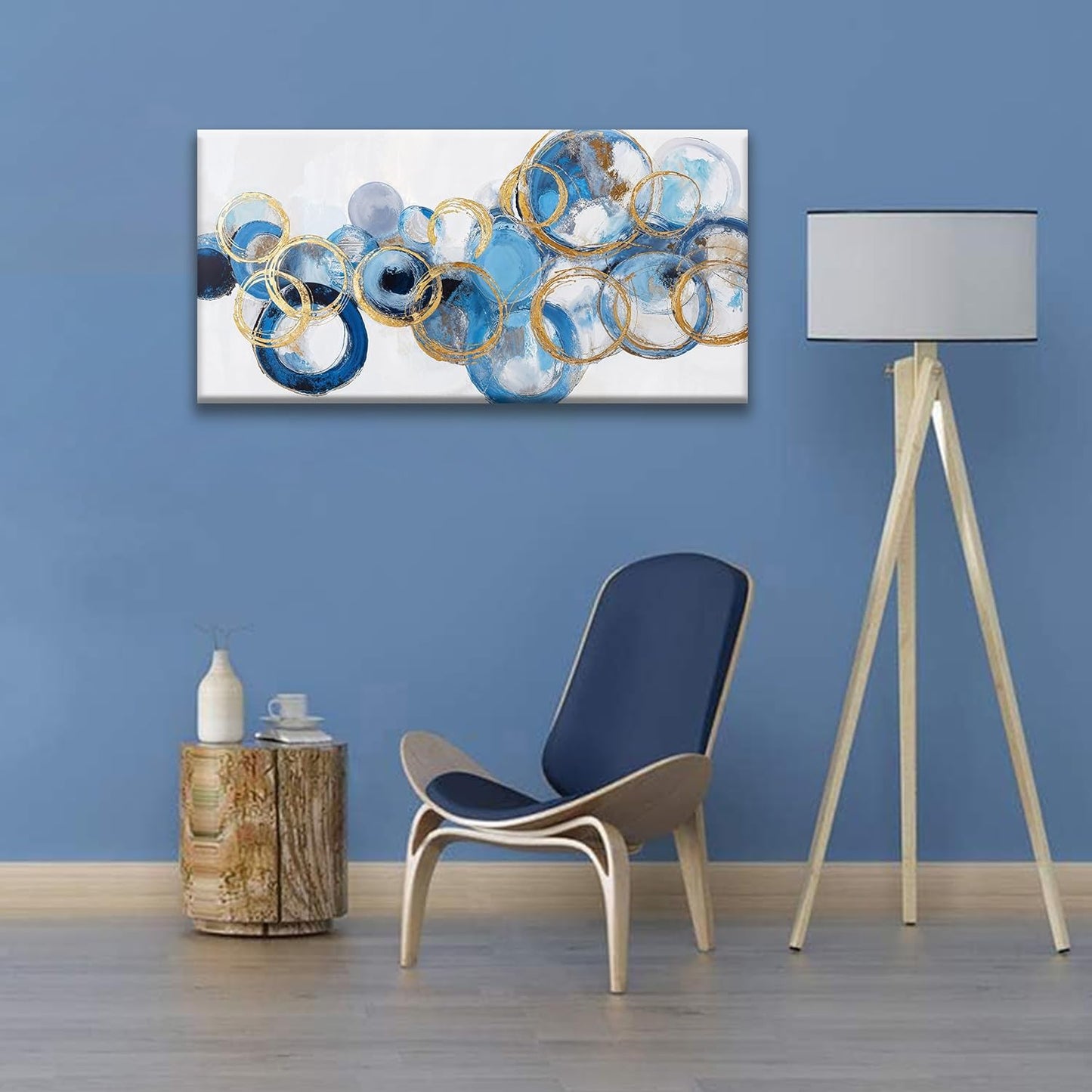 Suconvng Canvas Wall Art Decor Artwork Modern Paintings Abstract Wall Decor Maximalist Blue Gold Circle Abstract Wall Art Prints Picture For Bedroom Kitchen Office Artwork Ready To Hang 20" × 40"