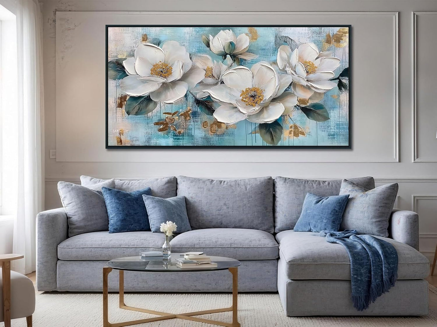 Ardemy White Floral Wall Art, Framed Canvas Wall Art For Living Room Large Teal Pictures Wall Decor Flower Paintings Artwork for Walls Dining Room Bedroom Home Office 40"x20"