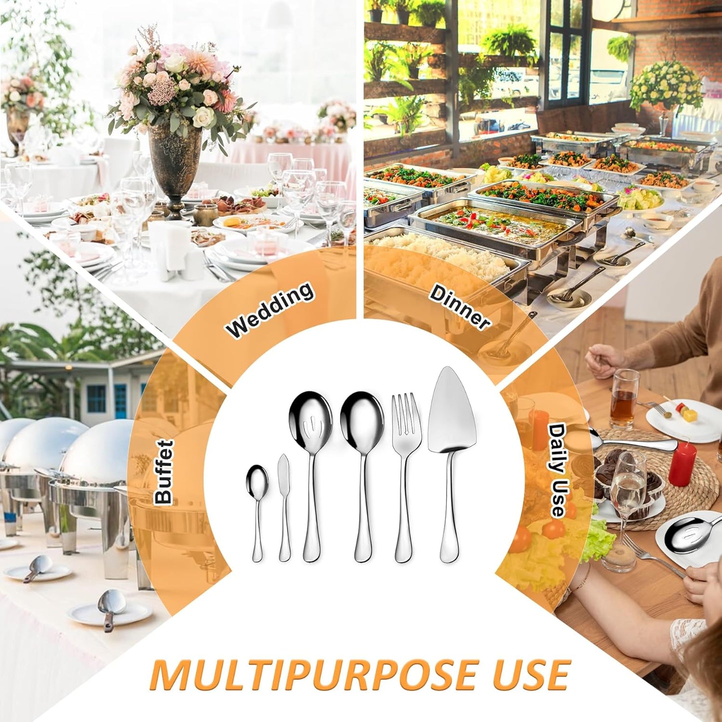 6-Piece Stainless Steel Serving Utensil Set, Hostess Collection with Spoons, Fork, Tongs, Ladle and Pie Server