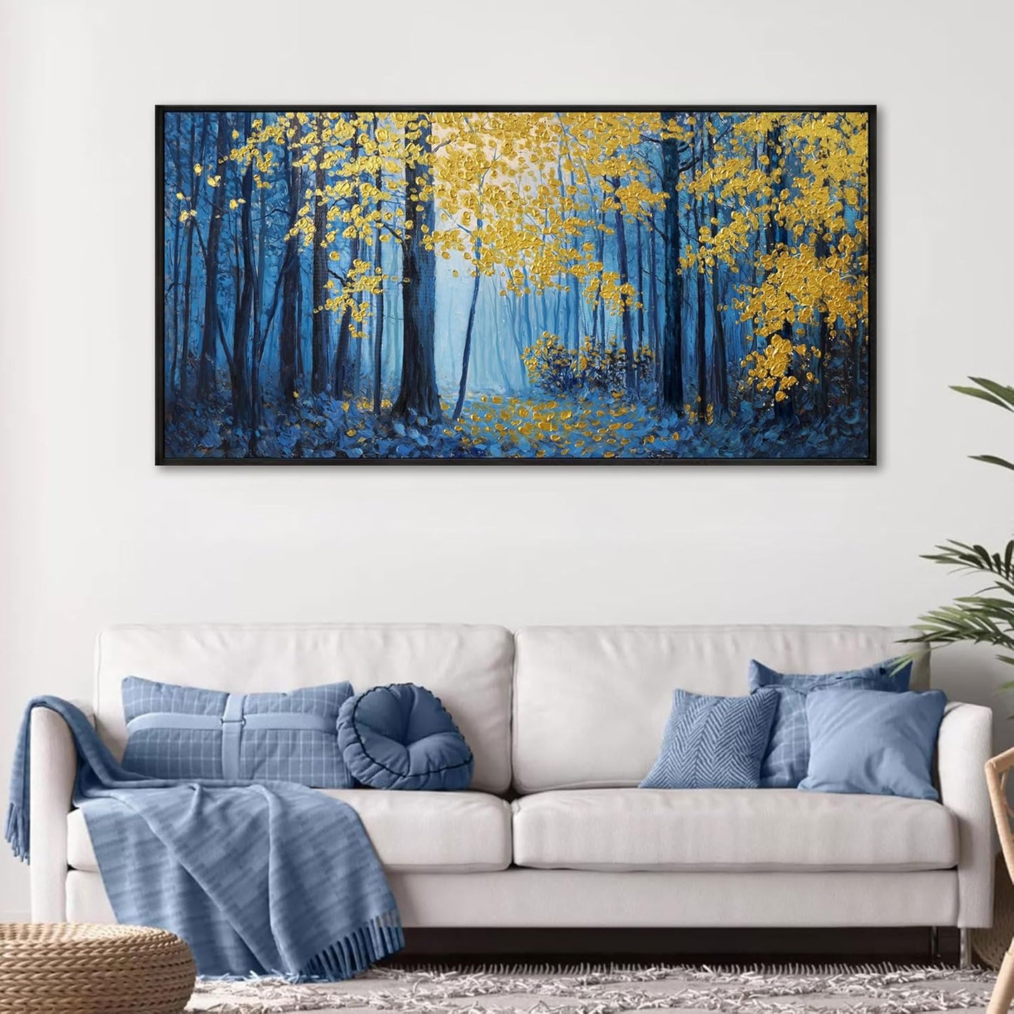 KLAKLA Blue and Gold Tree Wall Art - Birch Tree Forest Painting Pictures Framed Artwork for Living Room Bedroom Office Canvas Print Art Gorgeous Landscape Wall Art Home Decoration - 48x24 Inches