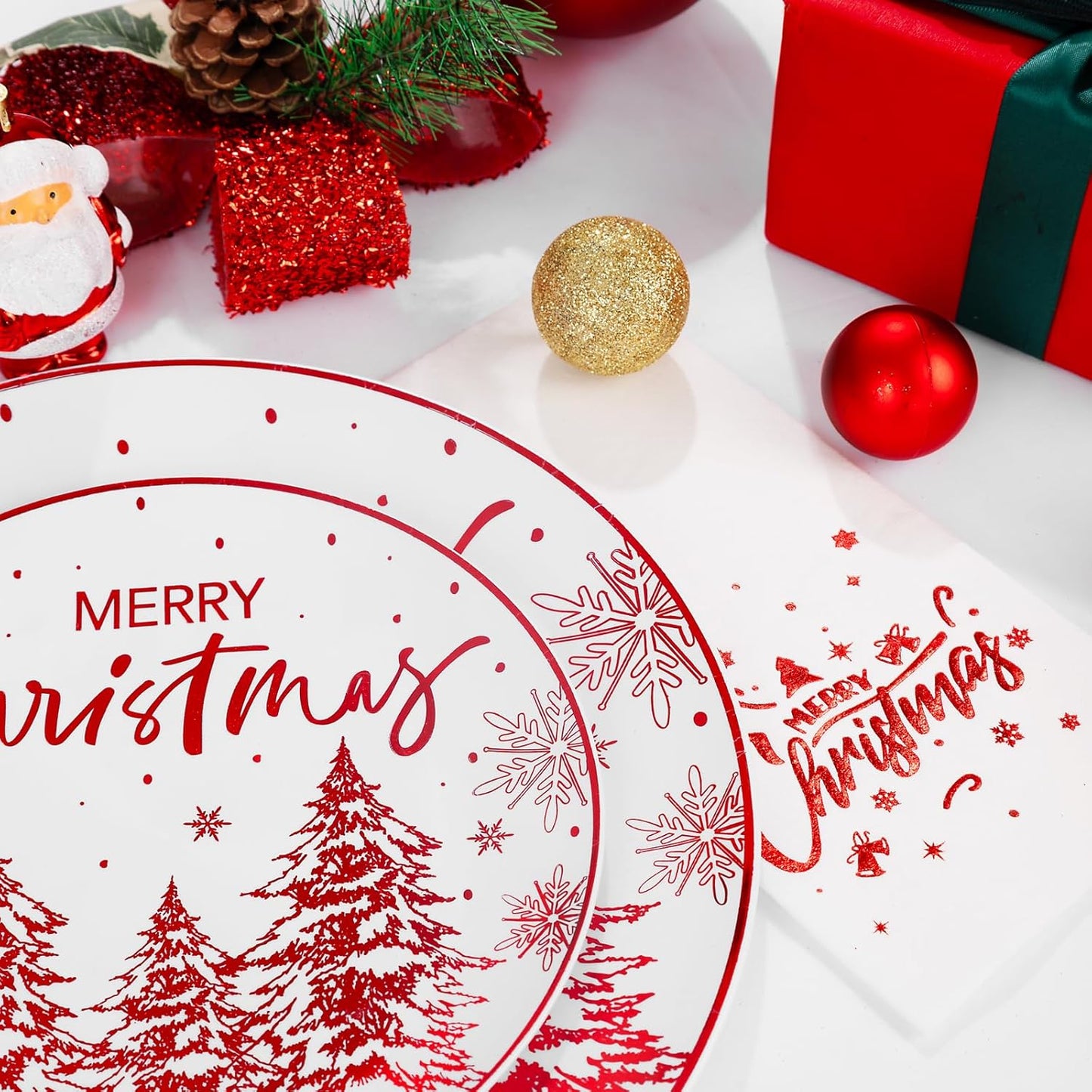 Rubtlamp 175 Pcs Christmas Plastic Plates And Napkins, Christmas Plates Disposable, White And Red Plastic Dinnerware Include 25Dessert Platos, 25Dinner Platos, 75 plastic cultery, 25Cups, 25Napkins