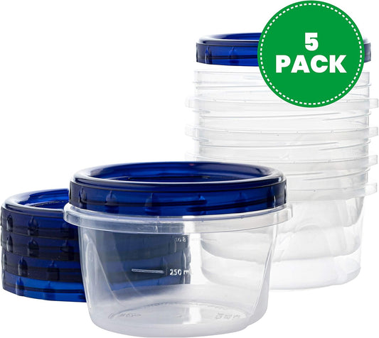 PLASTICPRO [16 oz 5 Pack] Deli Containers Clear bottom With blue Top Twist on Lids Reusable, Stackable, Food Storage Freezer Container