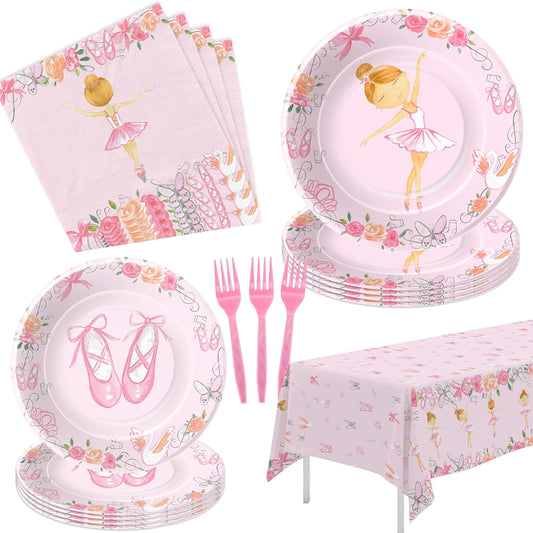 Xigejob Ballerina Birthday Party Decorations Dinnerware, Ballerina Theme Dancing Girl Ballet Party Supplies Tableware, Paper Plate, Napkin, Tablecloth, Disposable Fork, Serves 24