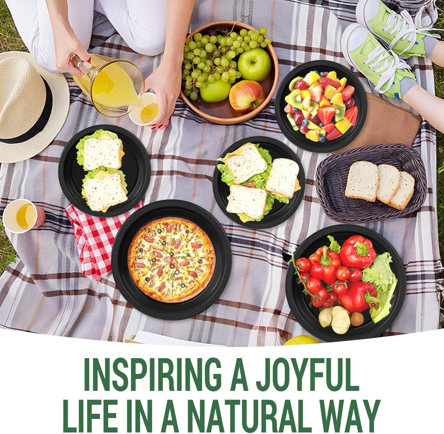 50 Black Plastic Plates For Party, Includes 25-9" & 25-7" Cake Dessert Plastic Dinner Plates Disposable For Party Supplies