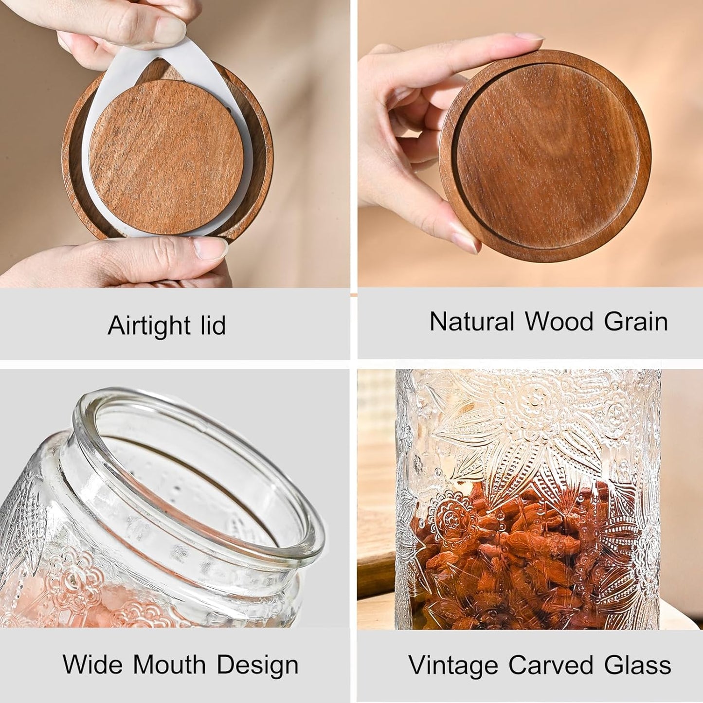 25oz Vintage Glass Jar With Lid, Glass Storage Containers, Airtight Kitchen Storage Containers For Sugar, Coffee, Tea, Spice, Flour, Candy Cookie, Pasta, Cereal, Cute Decorative Jars