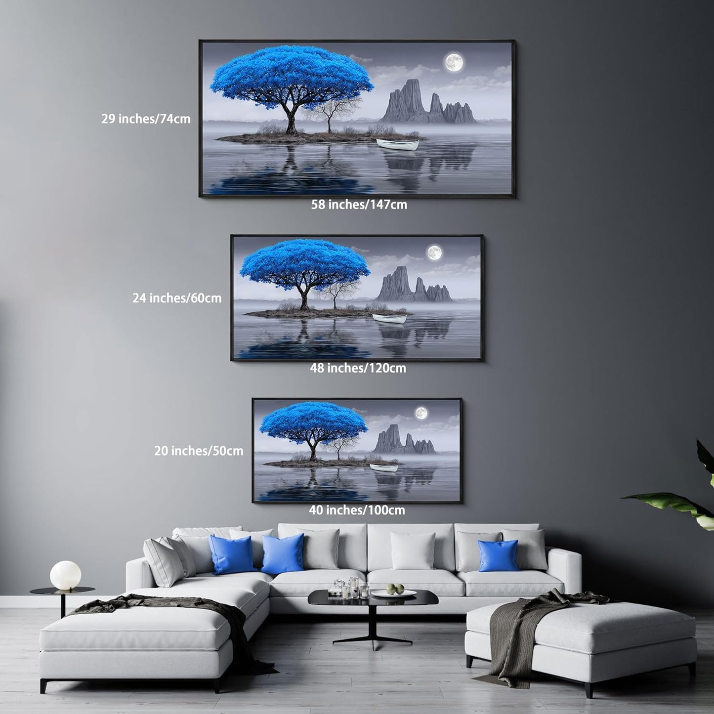 XLSJERST Wall Art for Living Room - Black and White Blue tree Moon Canvas Wall Decor for Home artwork Painting 48x24 Inches Canvas Print for Bedroom Decor Modern Salon Kitchen Office Hang a Picture