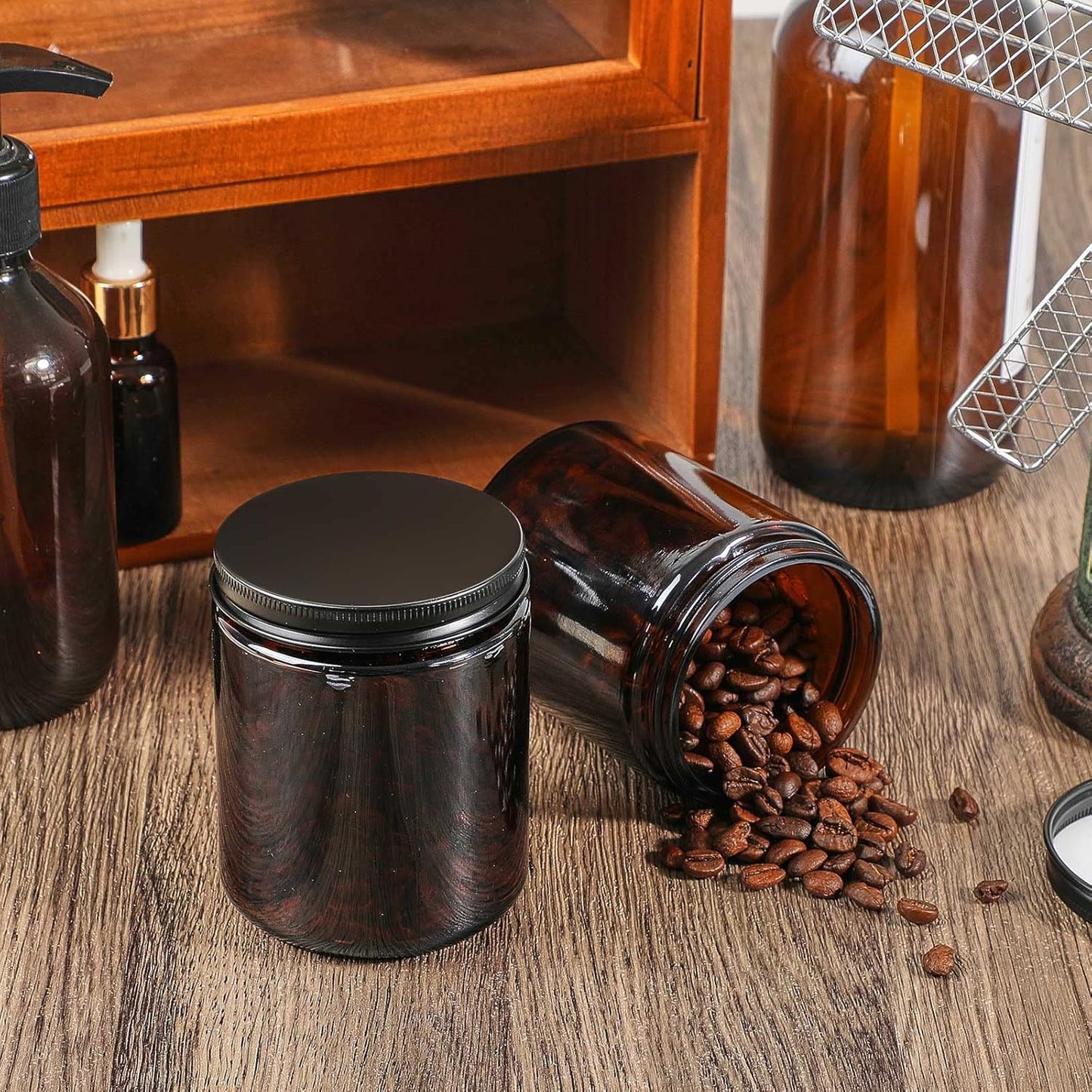 Lallisa 48 Pcs 8 oz Amber Glass Jars with Black Lids Round Glass Cosmetic Jars with Lids Empty Amber Containers Refillable Food Storage Containers for Spice Powder Liquid Sample Makeup