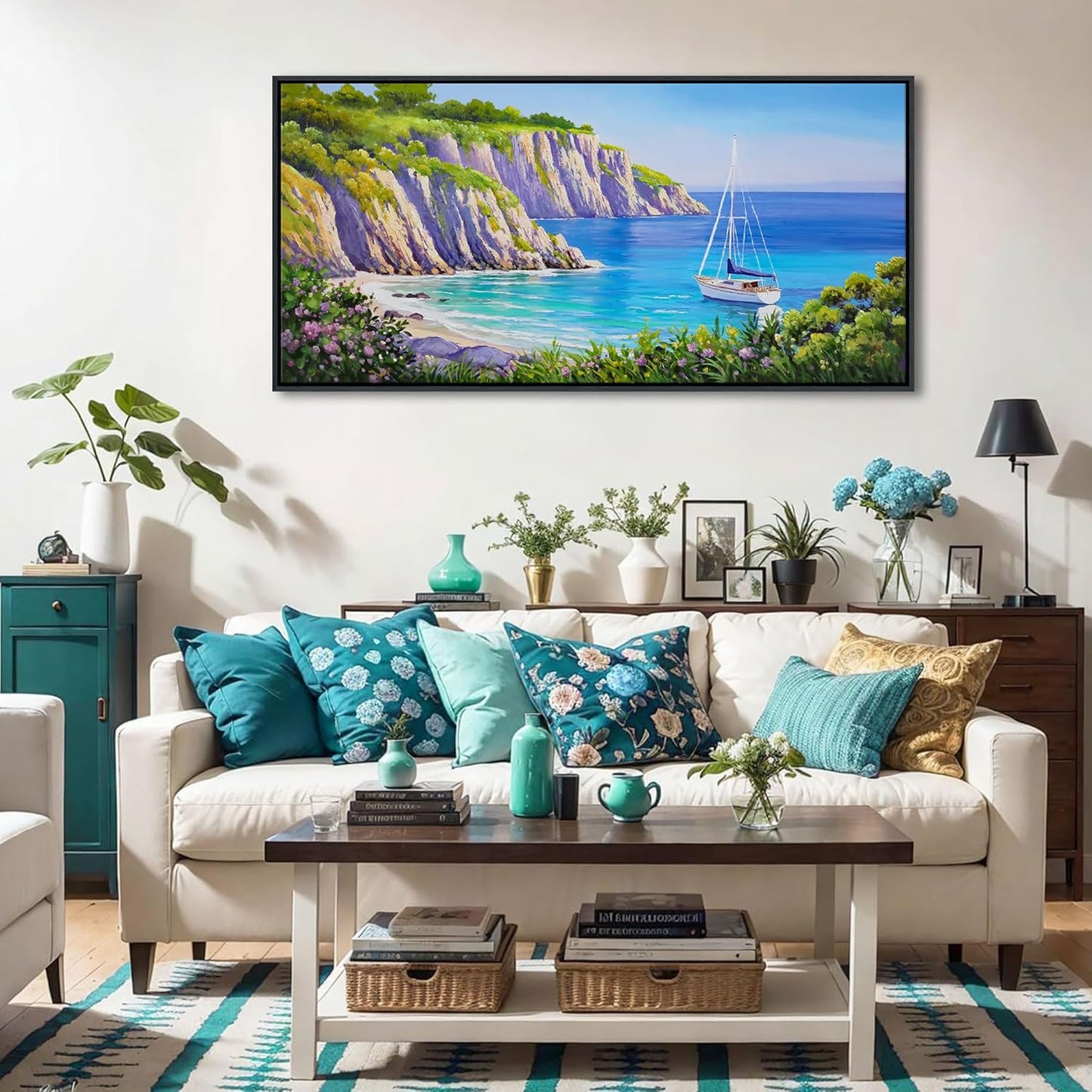 QZQCBLC Large Coastal Wall Art - Blue Sea Sailing Boat Canvas Pictures Purple Flower Mountains Ocean Landscape Paintings Artwork for Living room Bedroom Home Office Framed Beach Decor 24"X48"