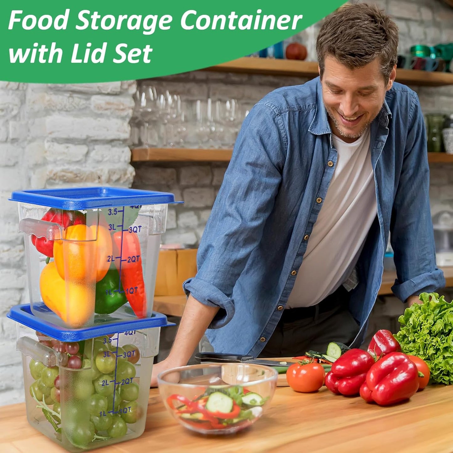 Yungyan 6 Pcs Commercial Clear Food Storage Containers 4 Qt Square Acrylic Airtight Food Storage Containers with Lids for Kitchen Restaurant Pantry Freezer Flour Sugar(Blue)