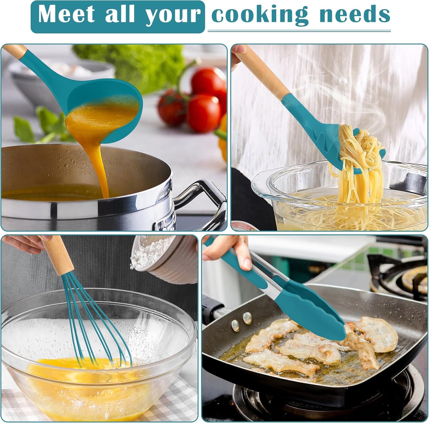 E-far Blue Silicone Cooking Utensils Set, 10-Piece Kitchen Utensils Set with Wooden Handle for Nonstick Cookware, Heat Resistant Kitchen Nonstick Tools Spatula Whisk Tongs Ladle, Non-toxic & Healthy