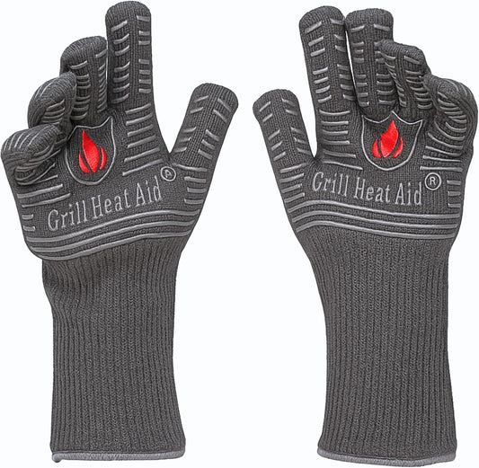 GRILL HEAT AID BBQ Grill Gloves Heat Proof for Grilling – Fireproof 1472°F Heat-Resistant Grill Mitts for Outdoor Barbecue and Smoker, Campfire, Fire Pit, Oven Glove with Fingers for Baking Pizza