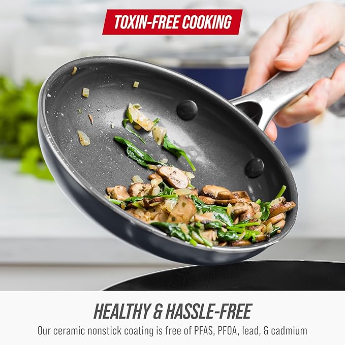 Blue Diamond 8" Nonstick Frying Pan Skillet, Ceramic Diamond Infused PFAS-Free, Dishwasher & Oven Safe, Stay Cool Handle, Durable Non Toxic Metal Utensil Safe, Egg & Omelet Pan, Gray