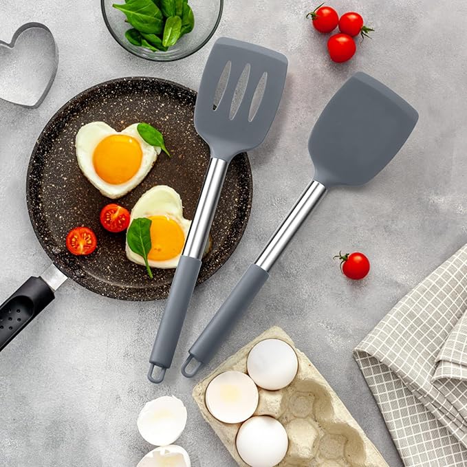 Silicone Spatula Set of 2, E-far Solid & Slotted Turner for Nonstick Cookware, Heat Resistant Rubber Kitchen Cooking Utensils for Flipping Fish Pancake Egg - Grey