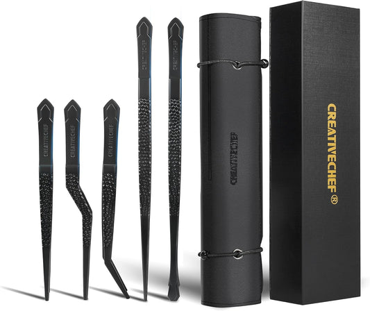 CREATIVECHEF Chef Tweezer Tongs, Professional Kitchen Tweezers, Precision Tweezer Tongs for Cooking, BBQ, Plating, Stainless Steel, Black (5)