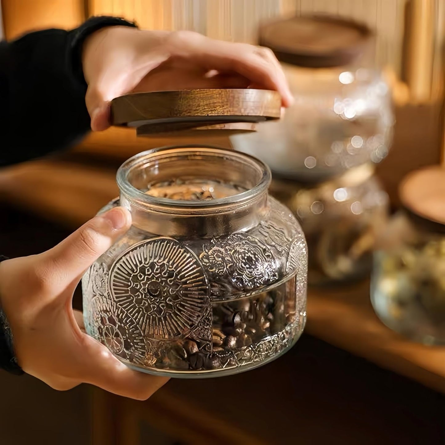 Vintage Decorative Jar 25.4FLOZ Glass Storage Container Mason Jar Candy Coffee Tea Nut Container Sugar Container, transparent, 750-FD1-wood lid